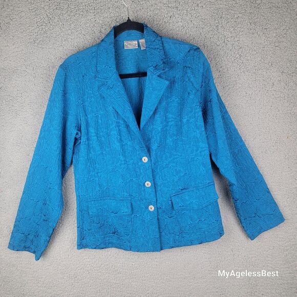 Chicos Blue Textured Crinkle Blazer Jacket Size 1 Medium Statement Career - Picture 14 of 15